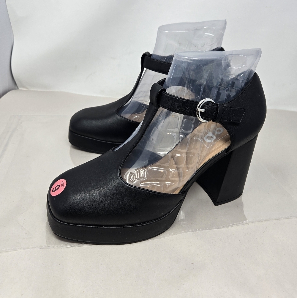 Pop Women's Sz 9 Worthy Mary Janes Platforms Black Faux Leather Sky High Chic - Picture 3 of 13